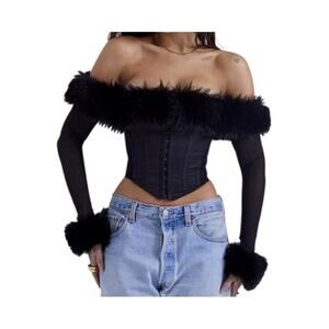 Micas Women's Large Black Faux Fur Trim Long Sleeve Corset Sexy Off Shoulder Top